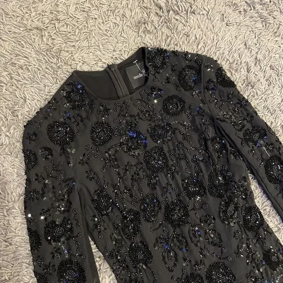 Needle & Thread Long Sleeve Lace Sequin Embellished Mini Dress Black Midnight 0